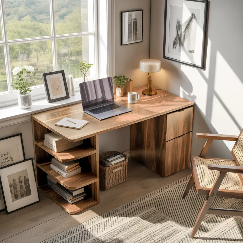 Contemporary Wooden Desk With Shelves And Drawers For Home Office Lynnsnail
