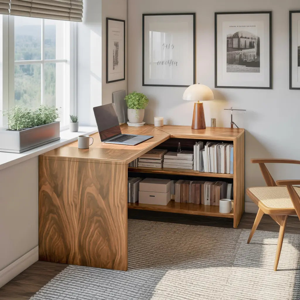 Modern L Shaped Wooden Desk With Bookshelf For Home Office Or Study Lynnsnail