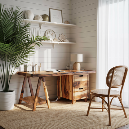 Modern Rustic Wood Desk With Drawers And A Frame Legs For Home Office