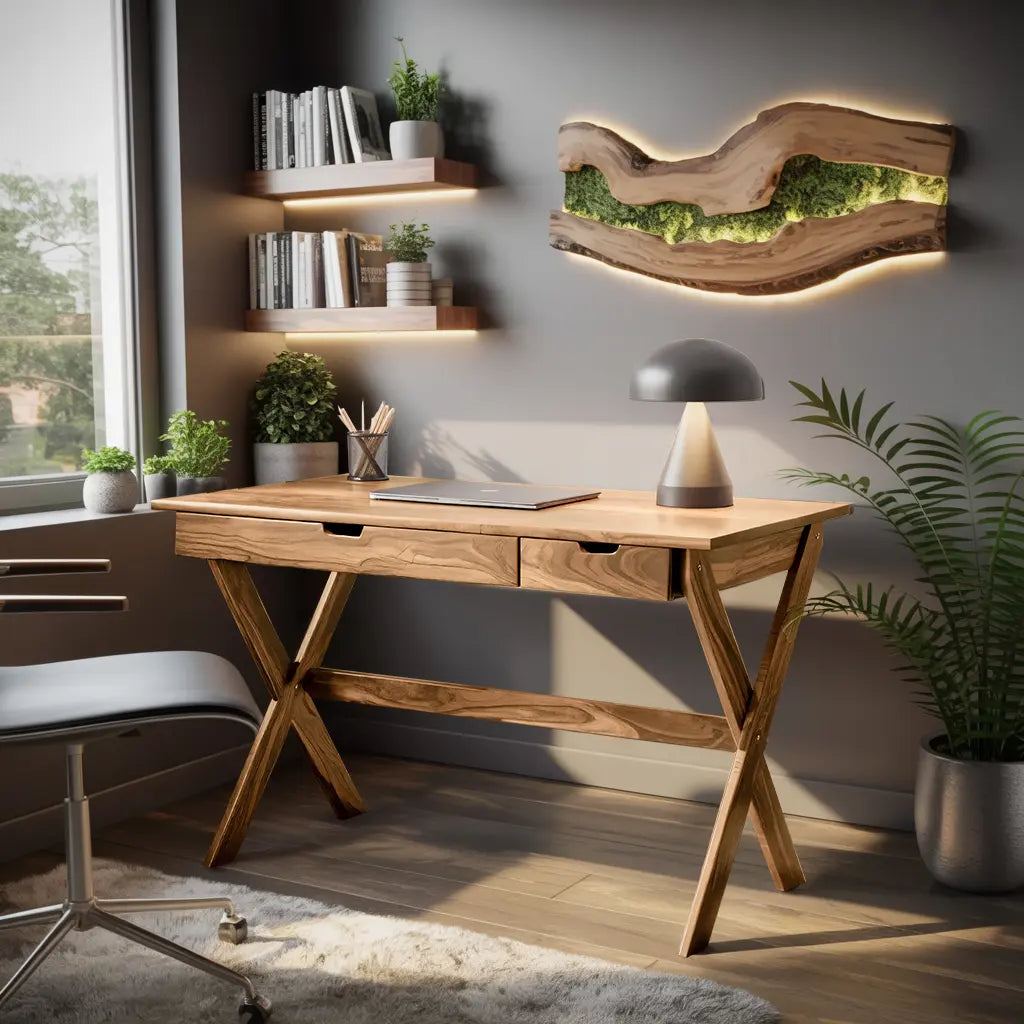 Scandinavian Wooden Desk with X Shaped Legs For Home Office Or Study Lynnsnail