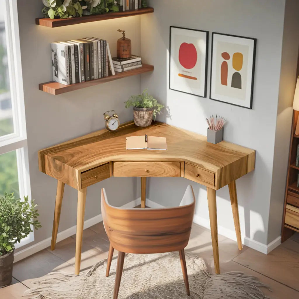 Mid Century Corner Wooden Desk With Drawer For Home Office Or Study Lynnsnail