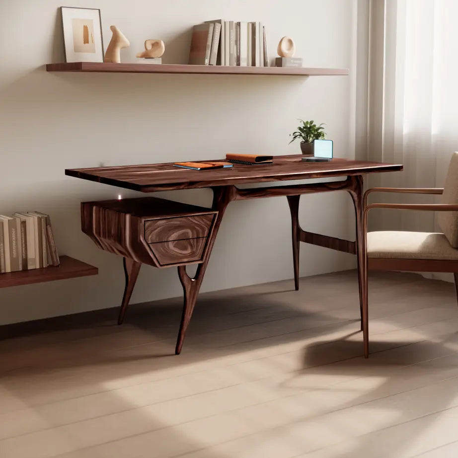 Mid Century Modern Wooden Writing Desk With Floating Drawer For Studio Lynnsnail