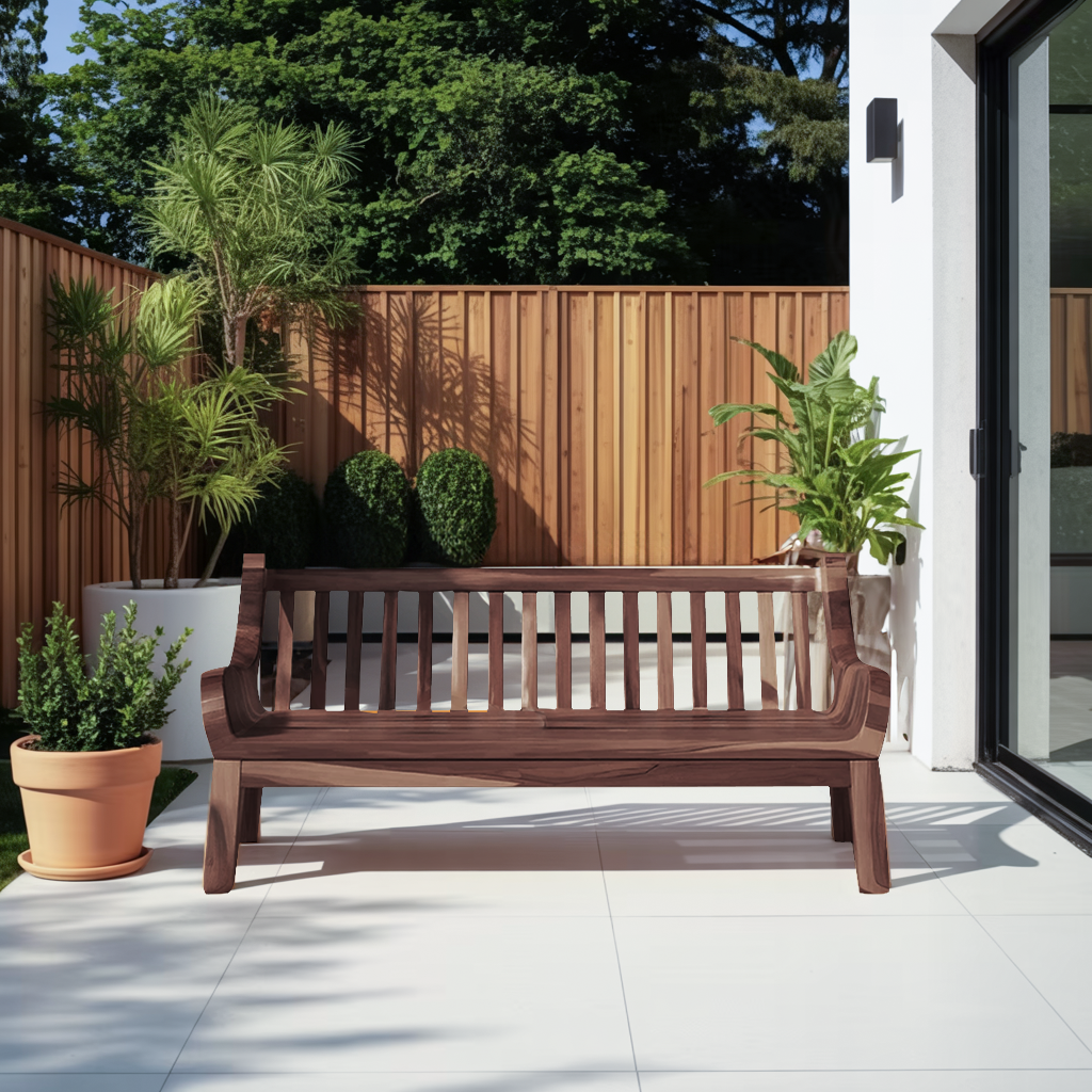 Contemporary Outdoor Wooden Bench With Curved Armrests For Garden Or Porch Lynnsnail