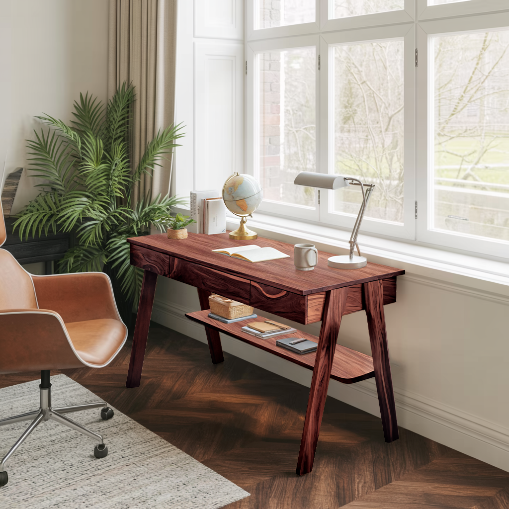 Mid Century Wooden Writing Desk With Drawers And Shelf For Home Office Lynnsnail