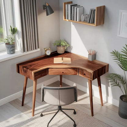 Mid Century Corner Wooden Desk With Drawer For Home Office Or Study Lynnsnail