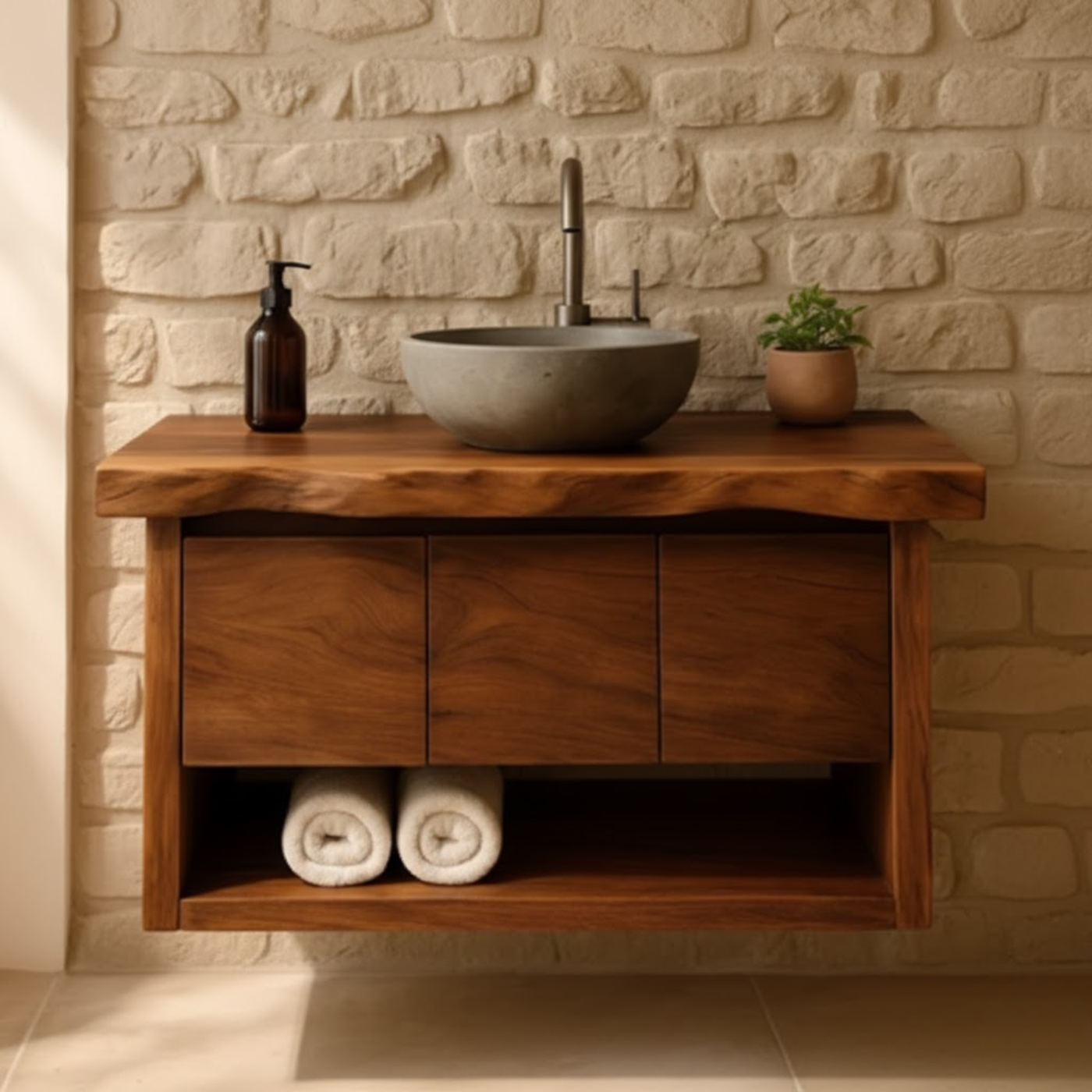 Handcrafted Solid Wood Floating Bathroom Vanity with Live Edge Top - Rustic Modern Washstand Lynnsnail