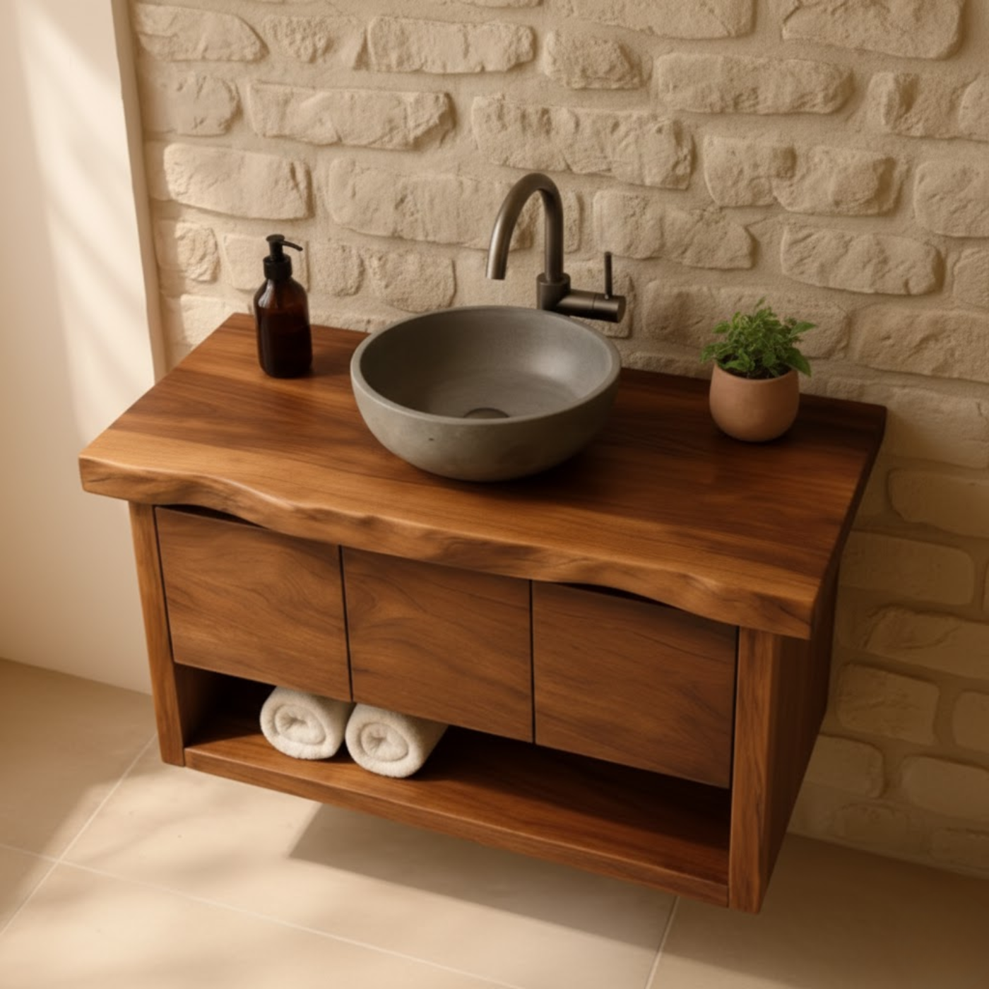 Handcrafted Solid Wood Floating Bathroom Vanity with Live Edge Top - Rustic Modern Washstand Lynnsnail