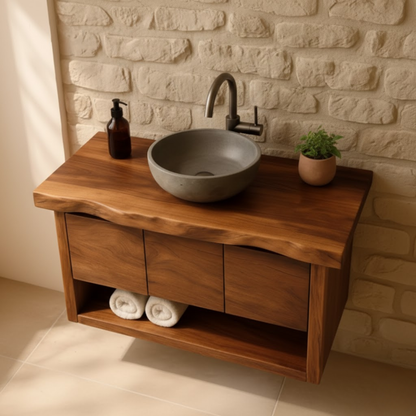 Handcrafted Solid Wood Floating Bathroom Vanity with Live Edge Top - Rustic Modern Washstand Lynnsnail