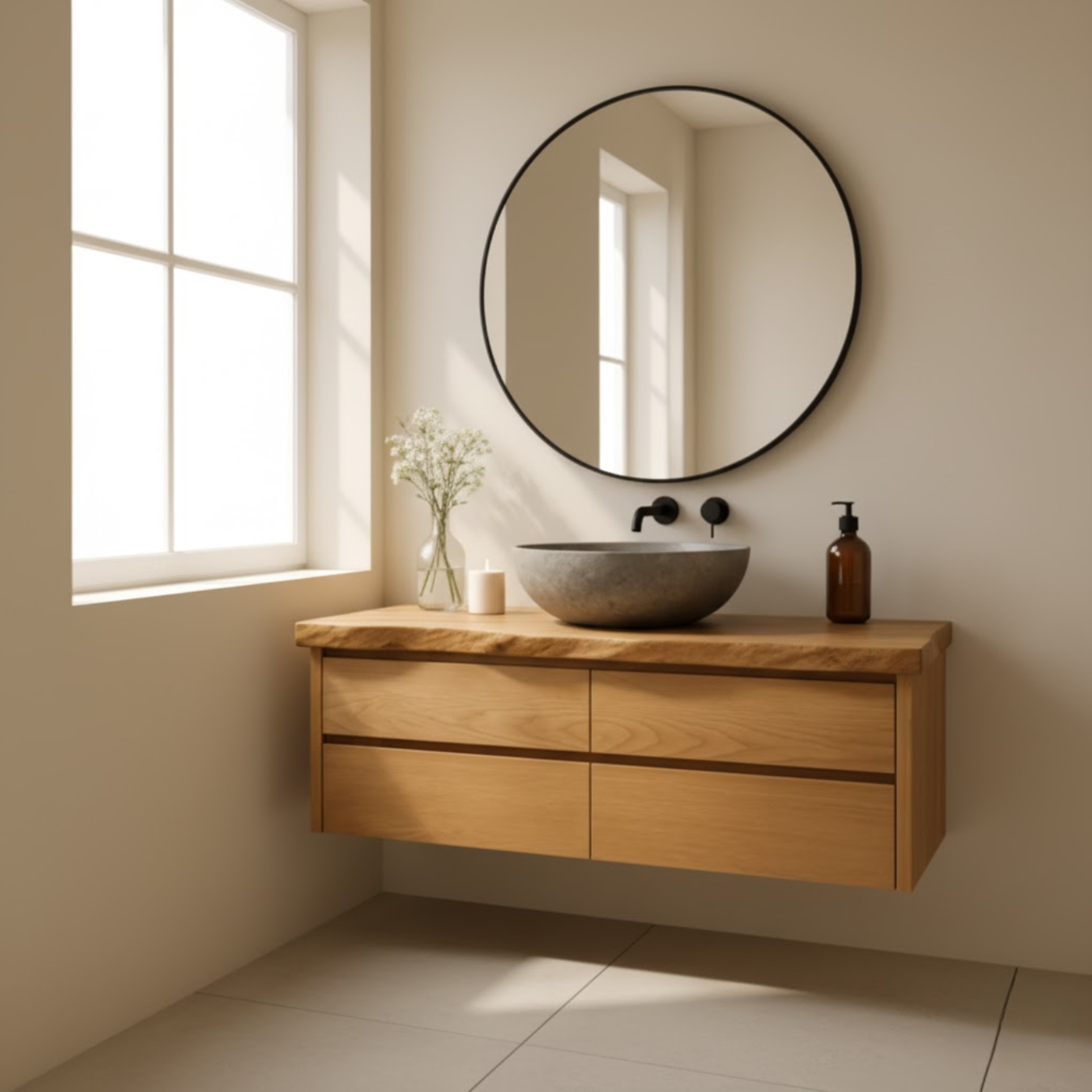 Handcrafted Solid Wood Floating Bathroom Vanity with Live Edge Top - Minimalist Modern Design Lynnsnail
