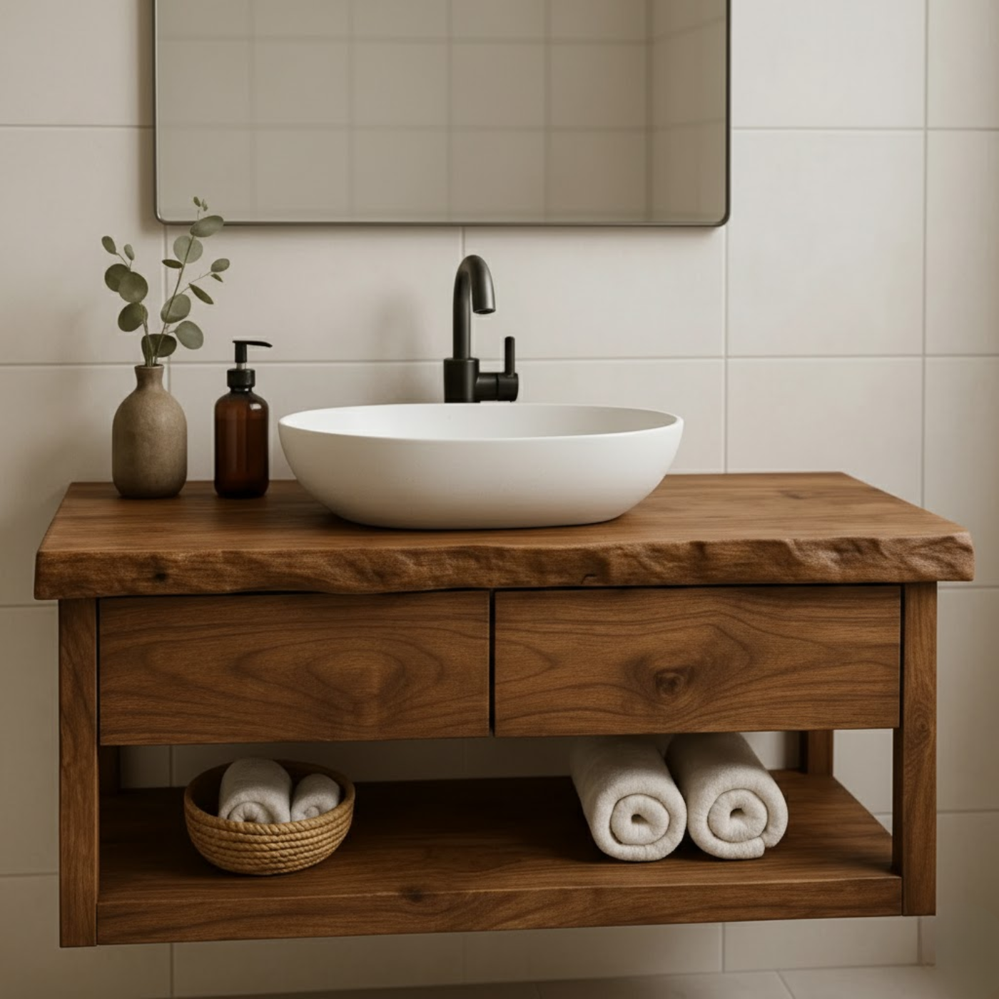 Handcrafted Solid Wood Floating Bathroom Vanity with Live Edge Top - Modern Rustic Washstand Lynnsnail