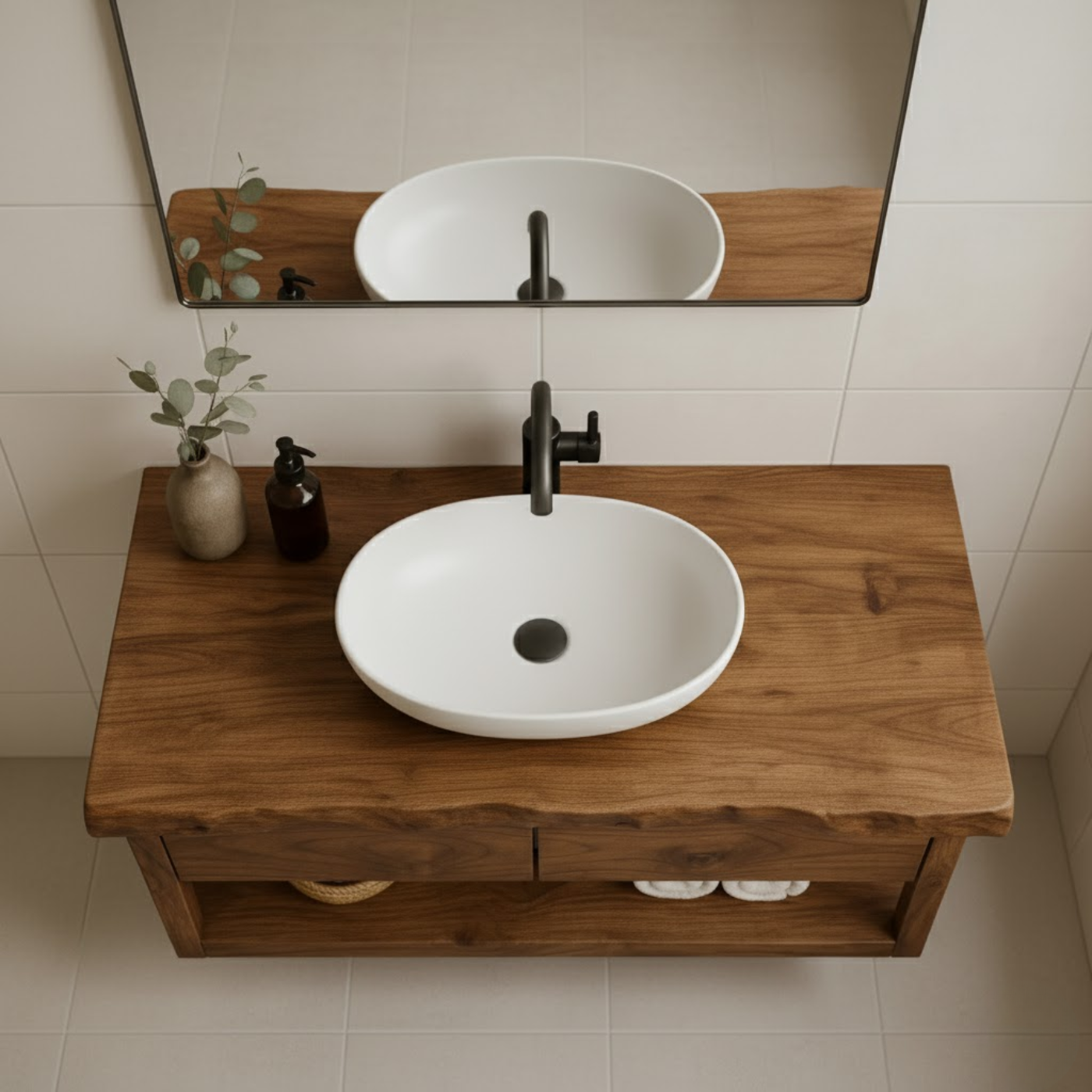 Handcrafted Solid Wood Floating Bathroom Vanity with Live Edge Top - Modern Rustic Washstand Lynnsnail