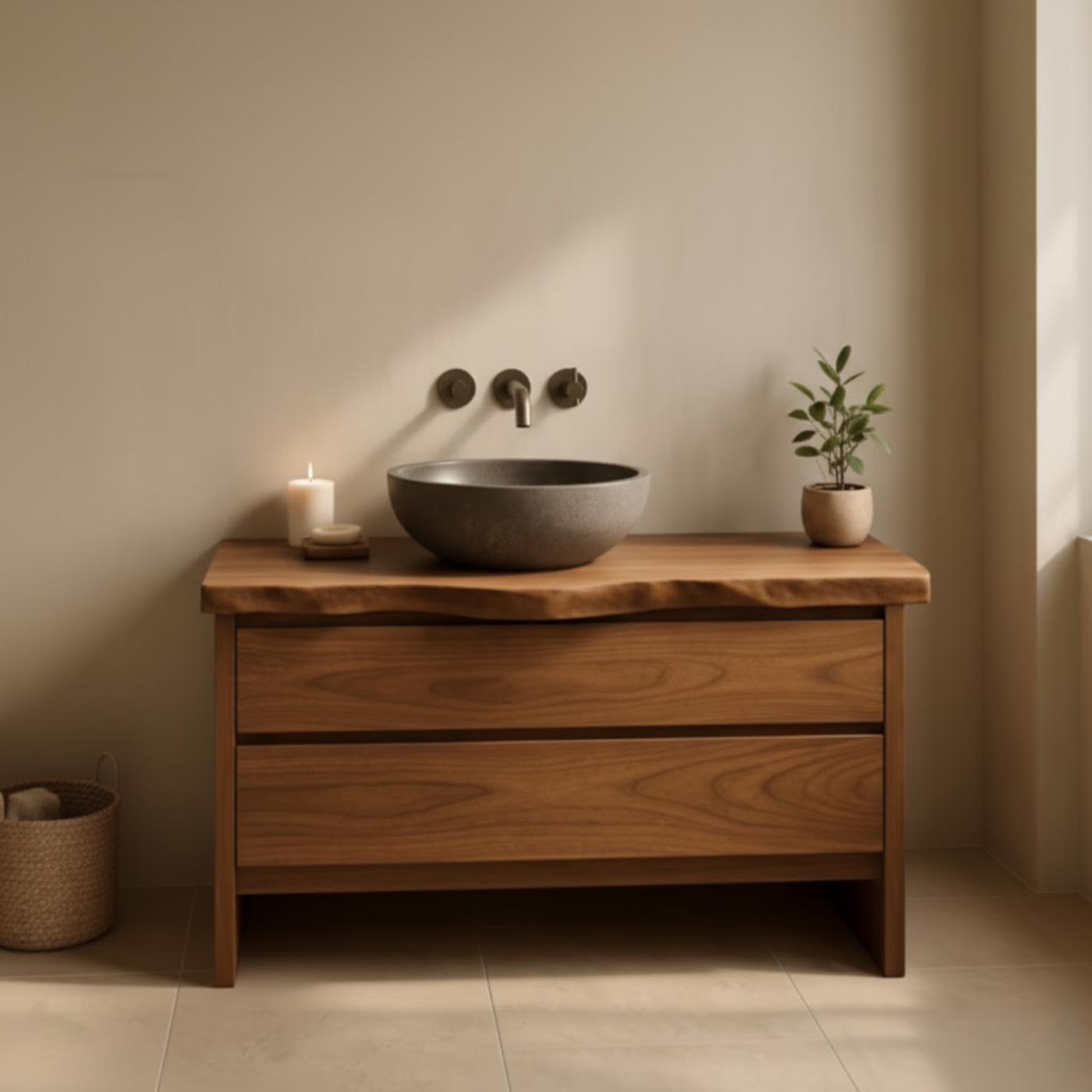 Handcrafted Solid Wood Bathroom Vanity with Live Edge Top - Rustic Modern Washstand Lynnsnail