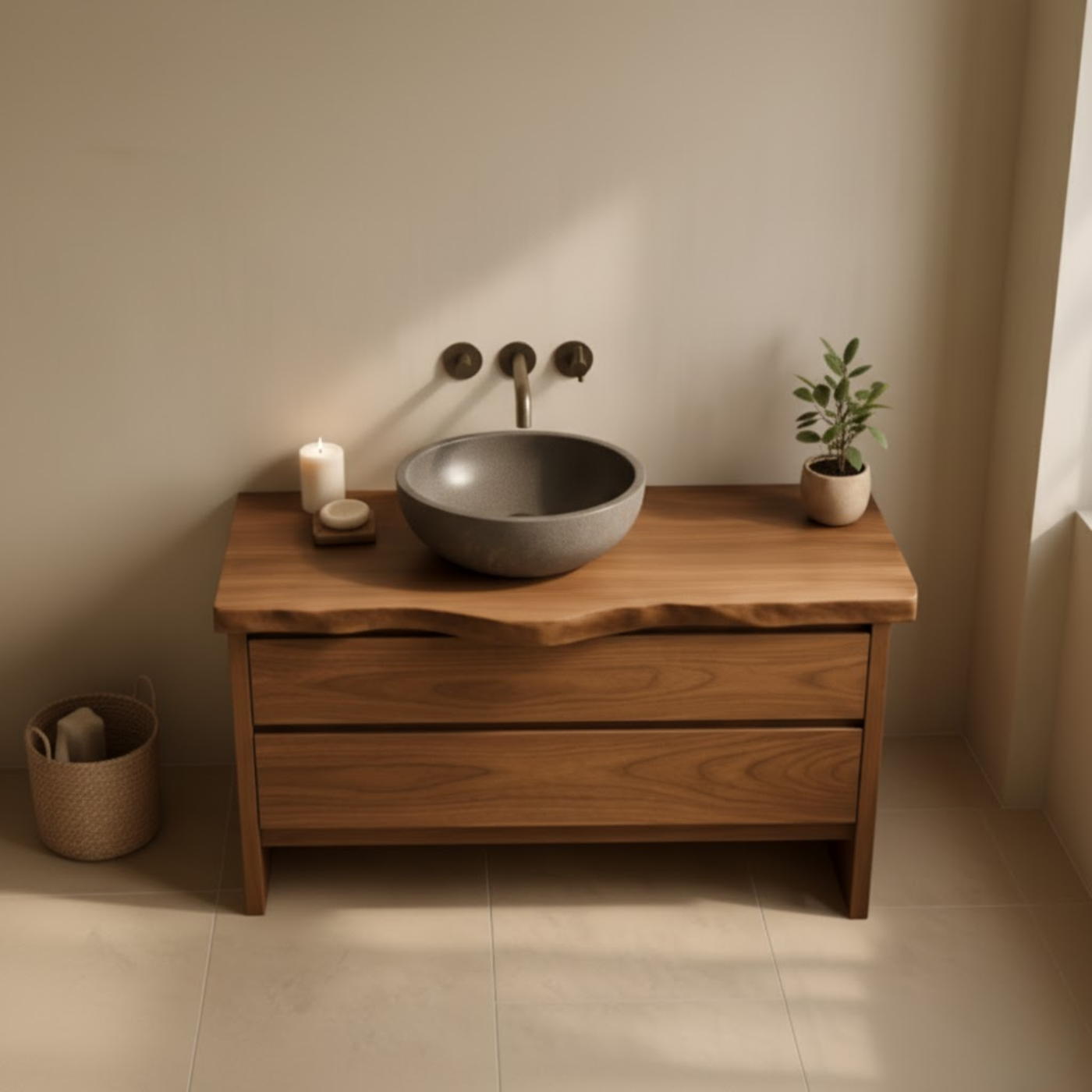 Handcrafted Solid Wood Bathroom Vanity with Live Edge Top - Rustic Modern Washstand Lynnsnail