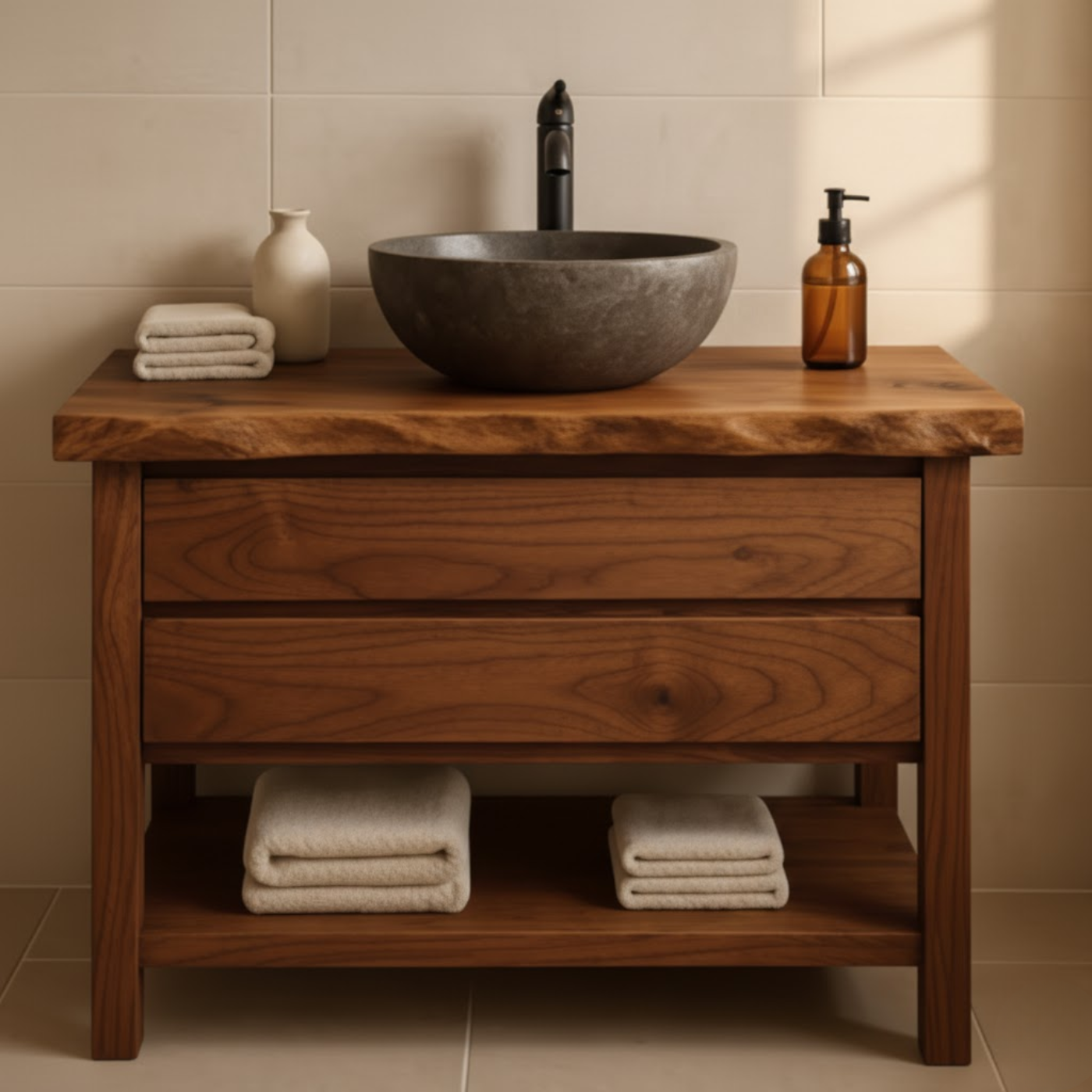 Handcrafted Solid Wood Bathroom Vanity - Live Edge Dark Wood Cabinet & Open Shelf Lynnsnail