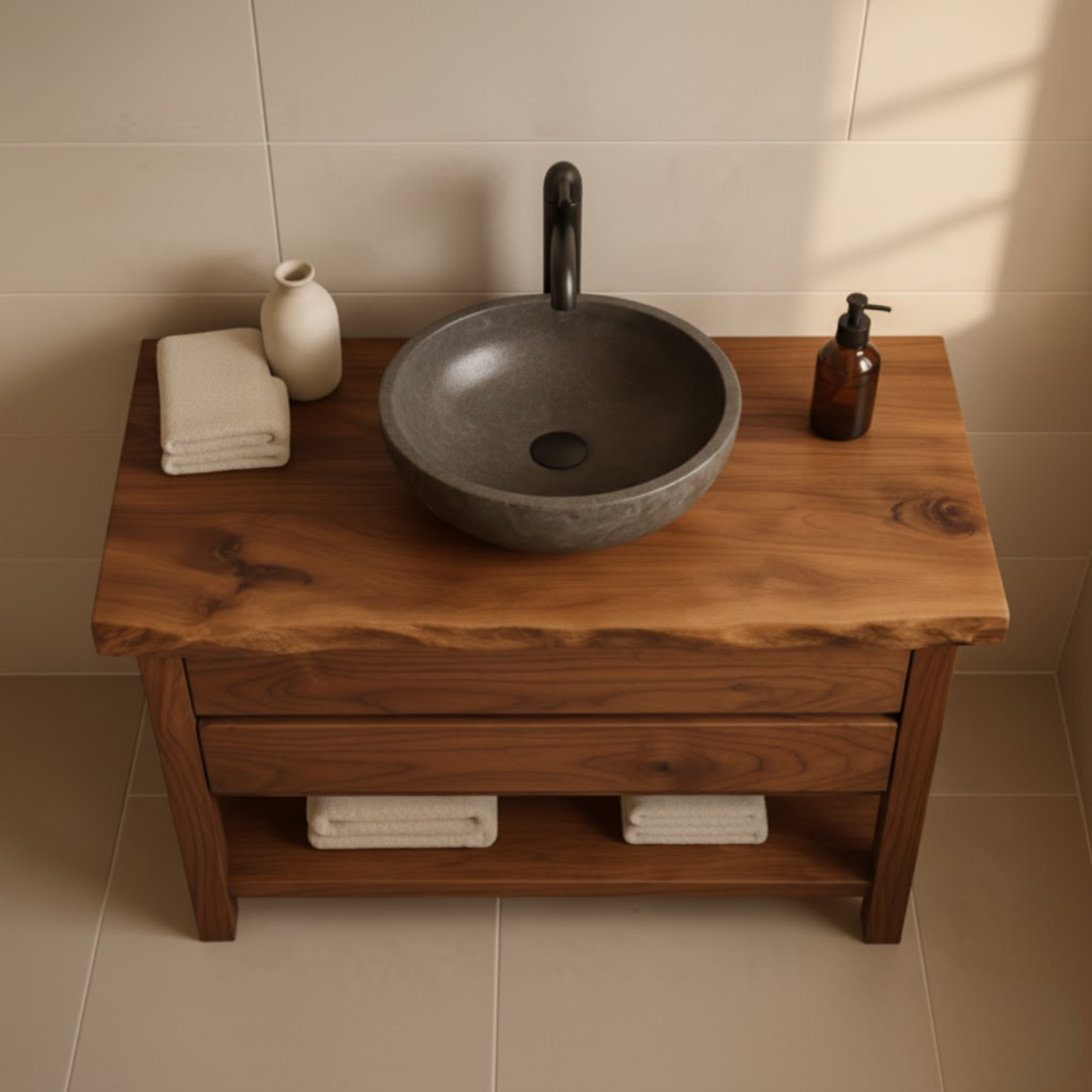 Handcrafted Solid Wood Bathroom Vanity - Live Edge Dark Wood Cabinet & Open Shelf Lynnsnail