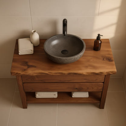 Handcrafted Solid Wood Bathroom Vanity - Live Edge Dark Wood Cabinet & Open Shelf Lynnsnail