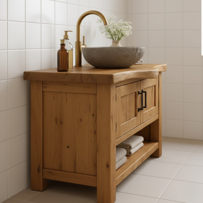 Handcrafted Solid Wood Bathroom Vanity - Rustic Live Edge Cabinet & Open Shelf Lynnsnail