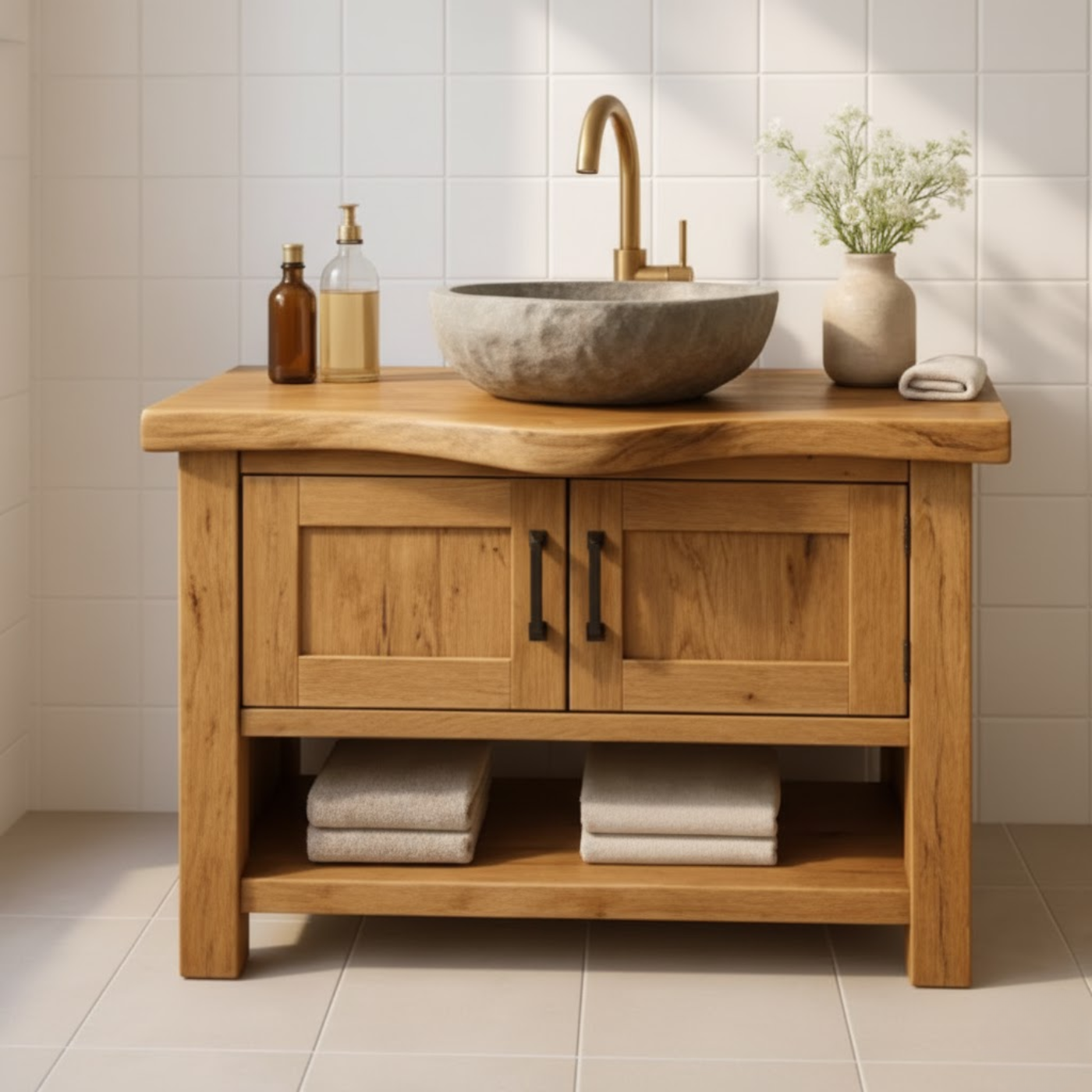 Handcrafted Solid Wood Bathroom Vanity - Rustic Live Edge Cabinet & Open Shelf Lynnsnail