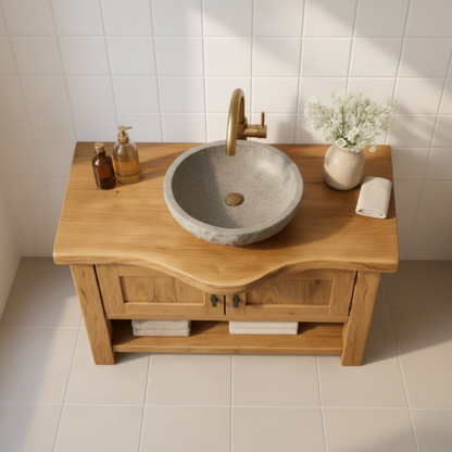 Handcrafted Solid Wood Bathroom Vanity - Rustic Live Edge Cabinet & Open Shelf Lynnsnail