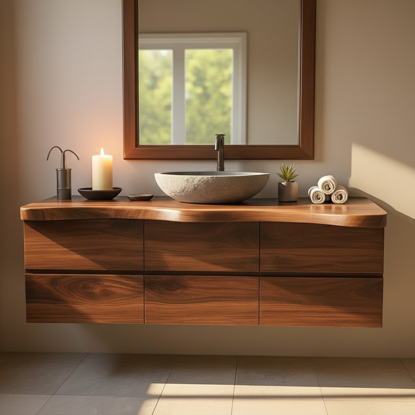 Handcrafted Solid Wood Vanity - Wide Floating Live Edge Cabinet with Drawers Lynnsnail