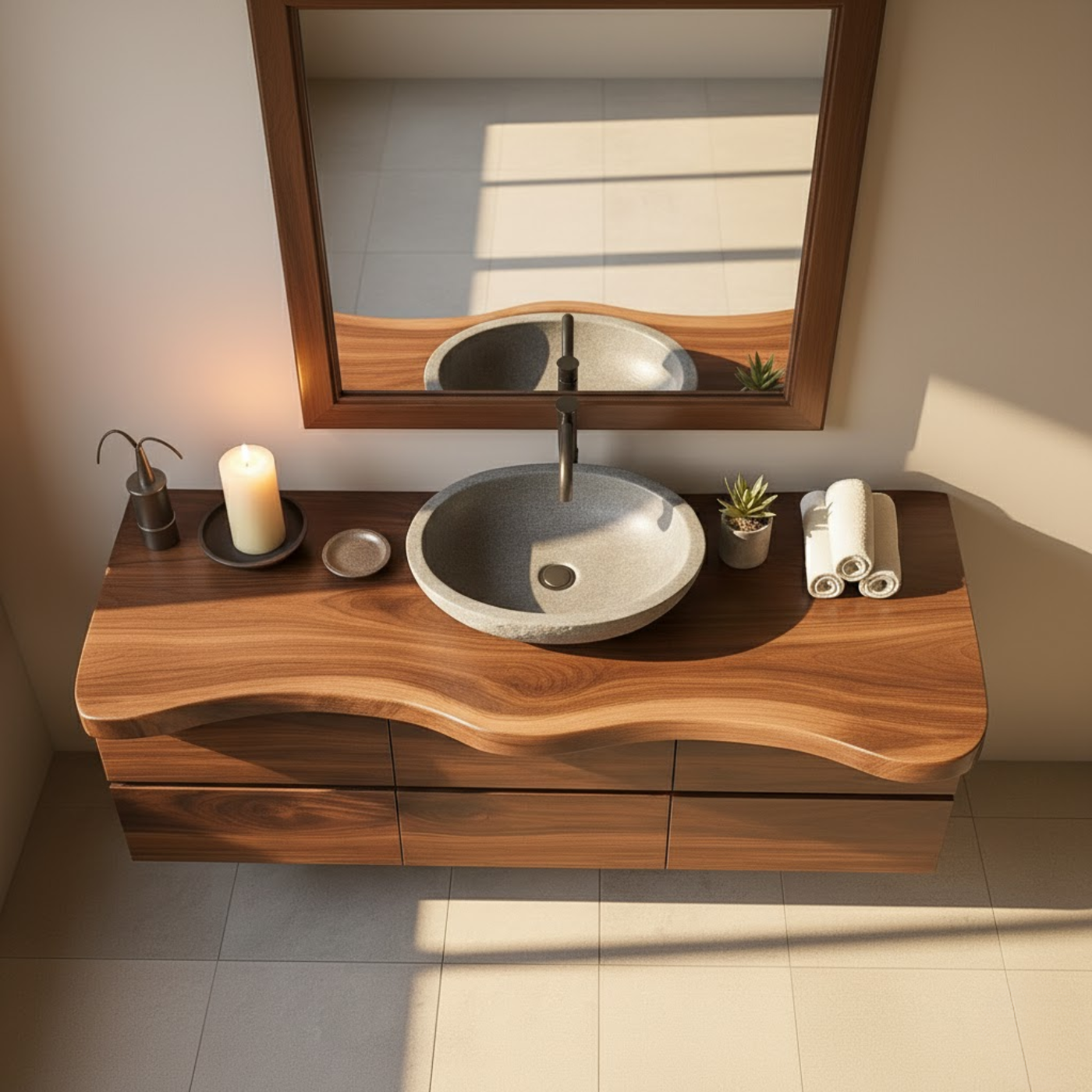 Handcrafted Solid Wood Vanity - Wide Floating Live Edge Cabinet with Drawers Lynnsnail
