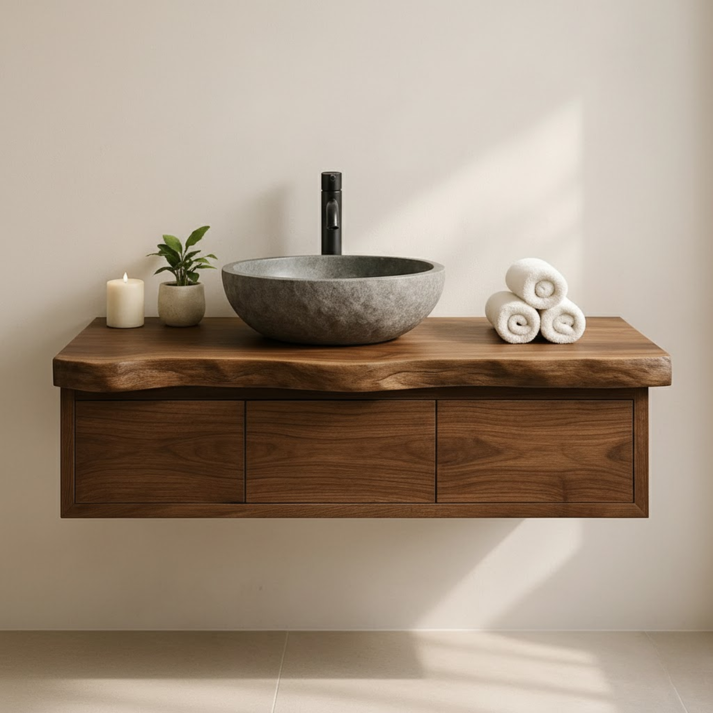 Handcrafted Solid Wood Floating Vanity - Live Edge Wall-Mounted Cabinet Lynnsnail