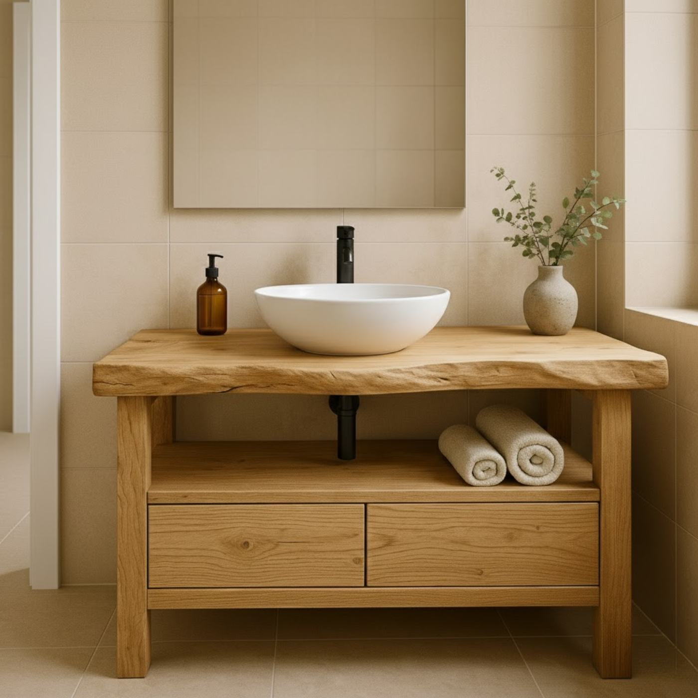 Handcrafted Solid Wood Bathroom Vanity - Live Edge Rustic Stand with Drawers & Shelf Lynnsnail