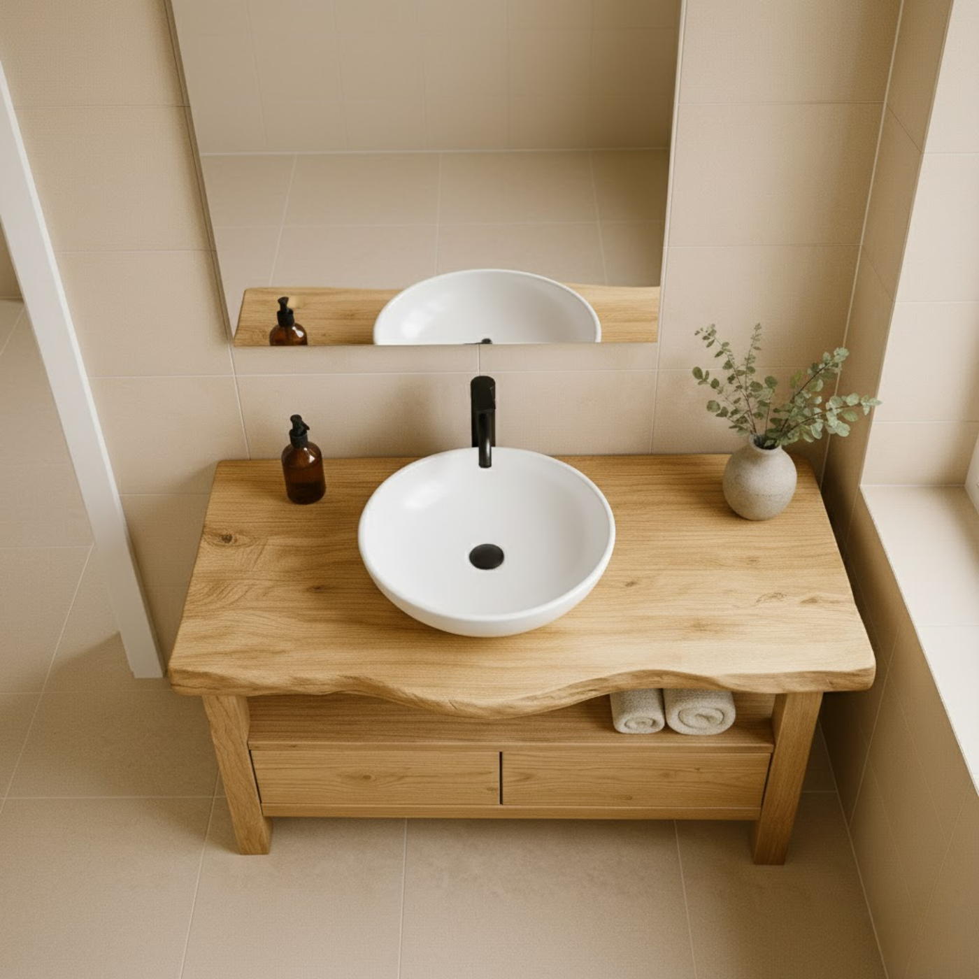 Handcrafted Solid Wood Bathroom Vanity - Live Edge Rustic Stand with Drawers & Shelf Lynnsnail