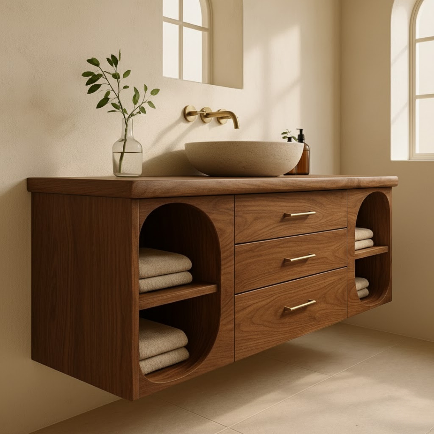 Handcrafted Solid Wood Floating Vanity - Modern Wall-Mounted Cabinet with Arches Lynnsnail