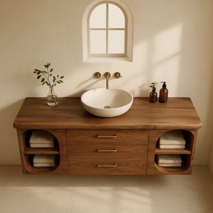 Handcrafted Solid Wood Floating Vanity - Modern Wall-Mounted Cabinet with Arches Lynnsnail