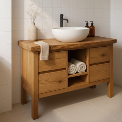 Handcrafted Solid Wood Bathroom Vanity - Live Edge Top with Drawers & Open Shelf Storage Lynnsnail