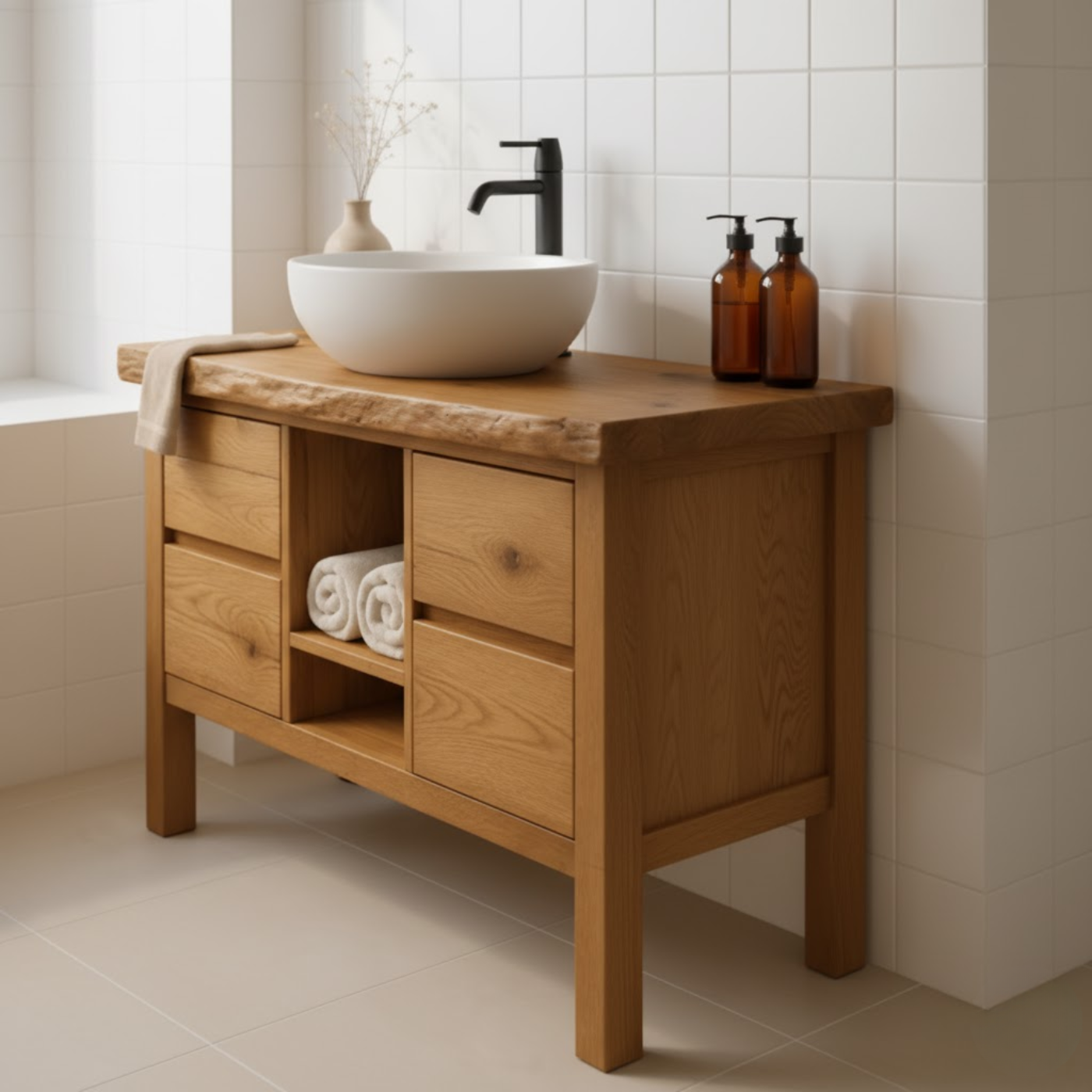 Handcrafted Solid Wood Bathroom Vanity - Live Edge Top with Drawers & Open Shelf Storage Lynnsnail