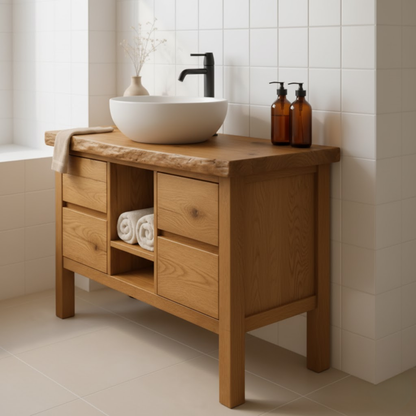 Handcrafted Solid Wood Bathroom Vanity - Live Edge Top with Drawers & Open Shelf Storage Lynnsnail