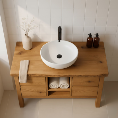 Handcrafted Solid Wood Bathroom Vanity - Live Edge Top with Drawers & Open Shelf Storage Lynnsnail