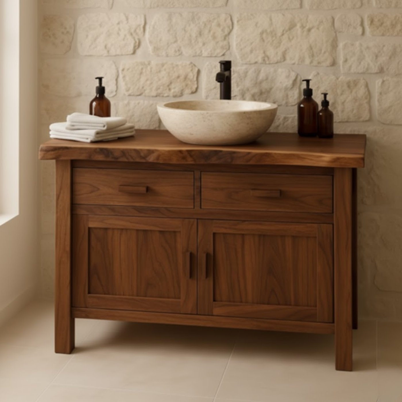 Handcrafted Solid Wood Bathroom Vanity - Live Edge Top Cabinet with Drawers & Doors Lynnsnail
