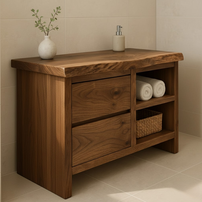 Handcrafted Solid Wood Bathroom Vanity - Rustic Drawers & Open Shelf Lynnsnail