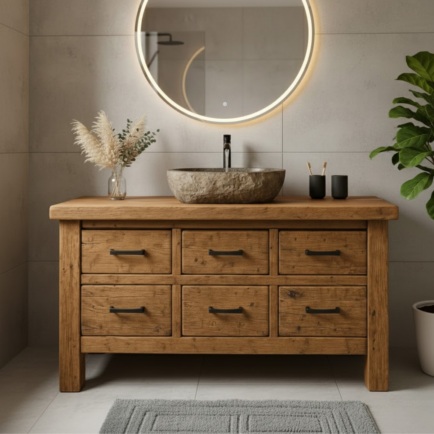 Handcrafted Soild Wood Bathroom Vanity - Farmhouse Storage Cabinet with 6 Drawers Lynnsnail