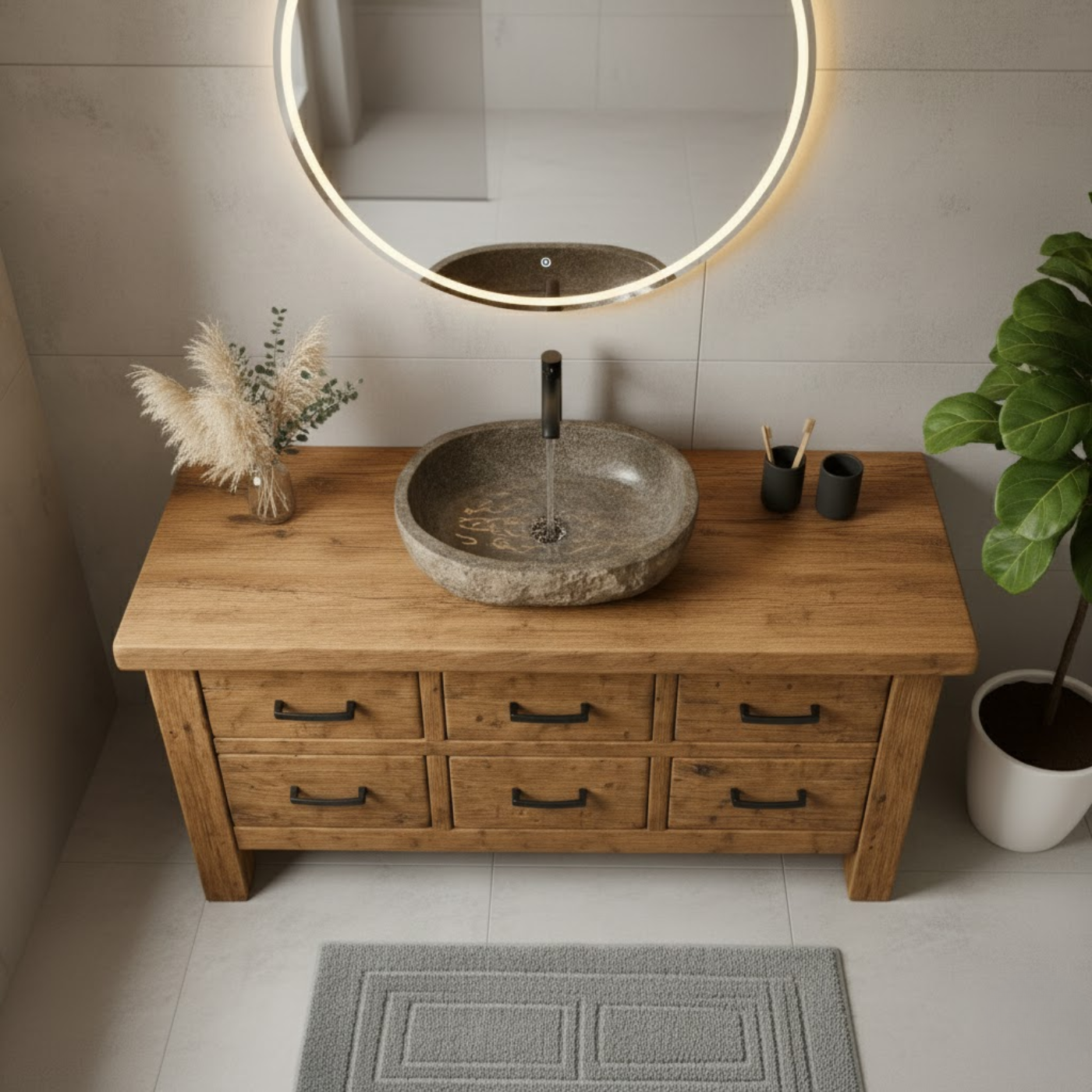 Handcrafted Soild Wood Bathroom Vanity - Farmhouse Storage Cabinet with 6 Drawers Lynnsnail