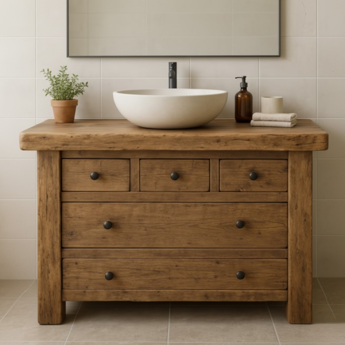 Handcrafted Solid Wood Single Bathroom Vanity - Rustic Storage Cabinet with Drawers Lynnsnail