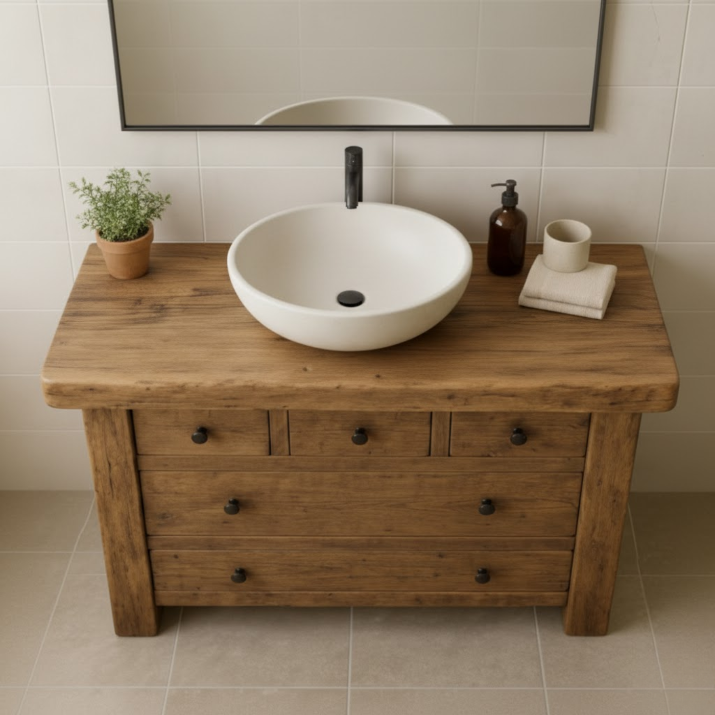 Handcrafted Solid Wood Single Bathroom Vanity - Rustic Storage Cabinet with Drawers Lynnsnail