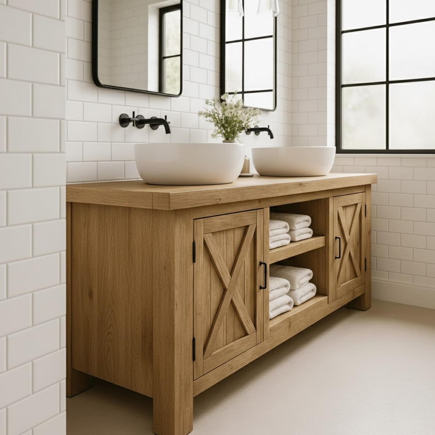 Handcrafted Solid Wood Bathroom Vanity - Farmhouse Double Sink Cabinet - Rustic Oak Storage Furniture Lynnsnail