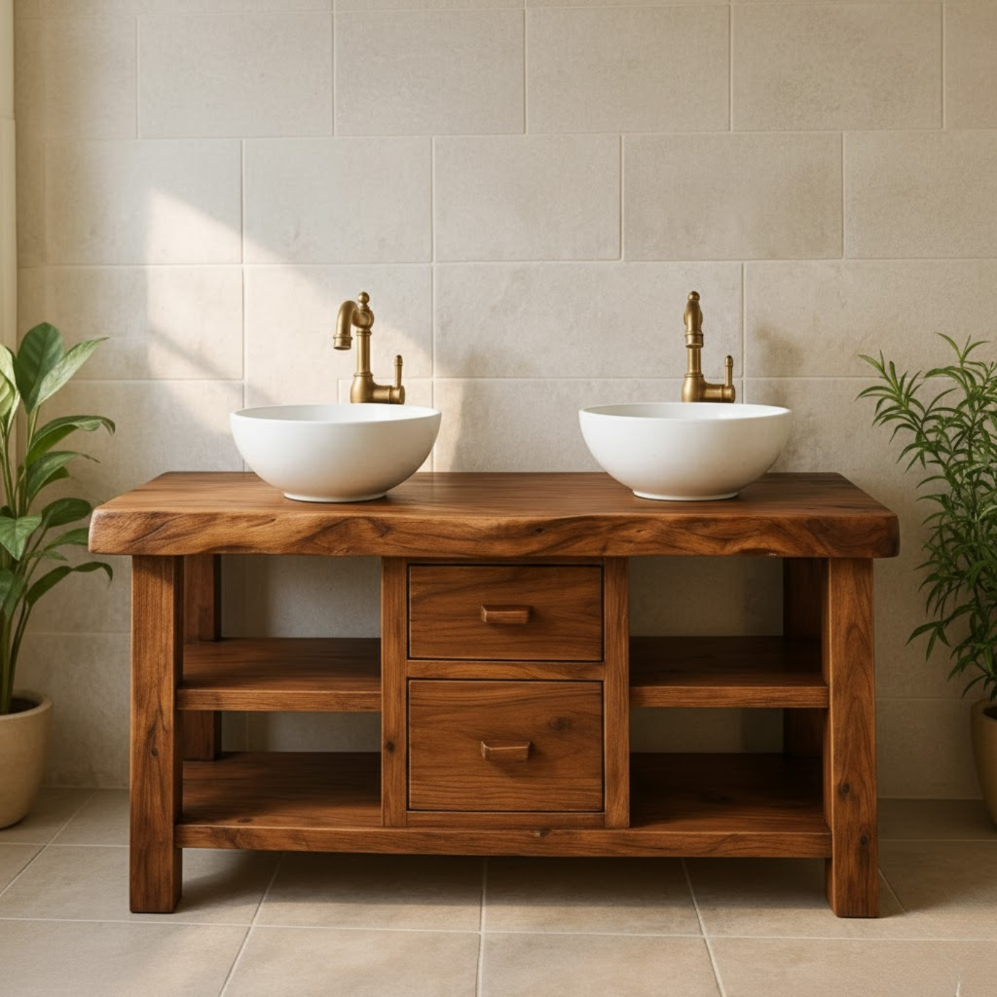 Handcrafted Solid Wood Floating Double Vanity - Live Edge Top, 2 Drawers & Open Shelves Lynnsnail
