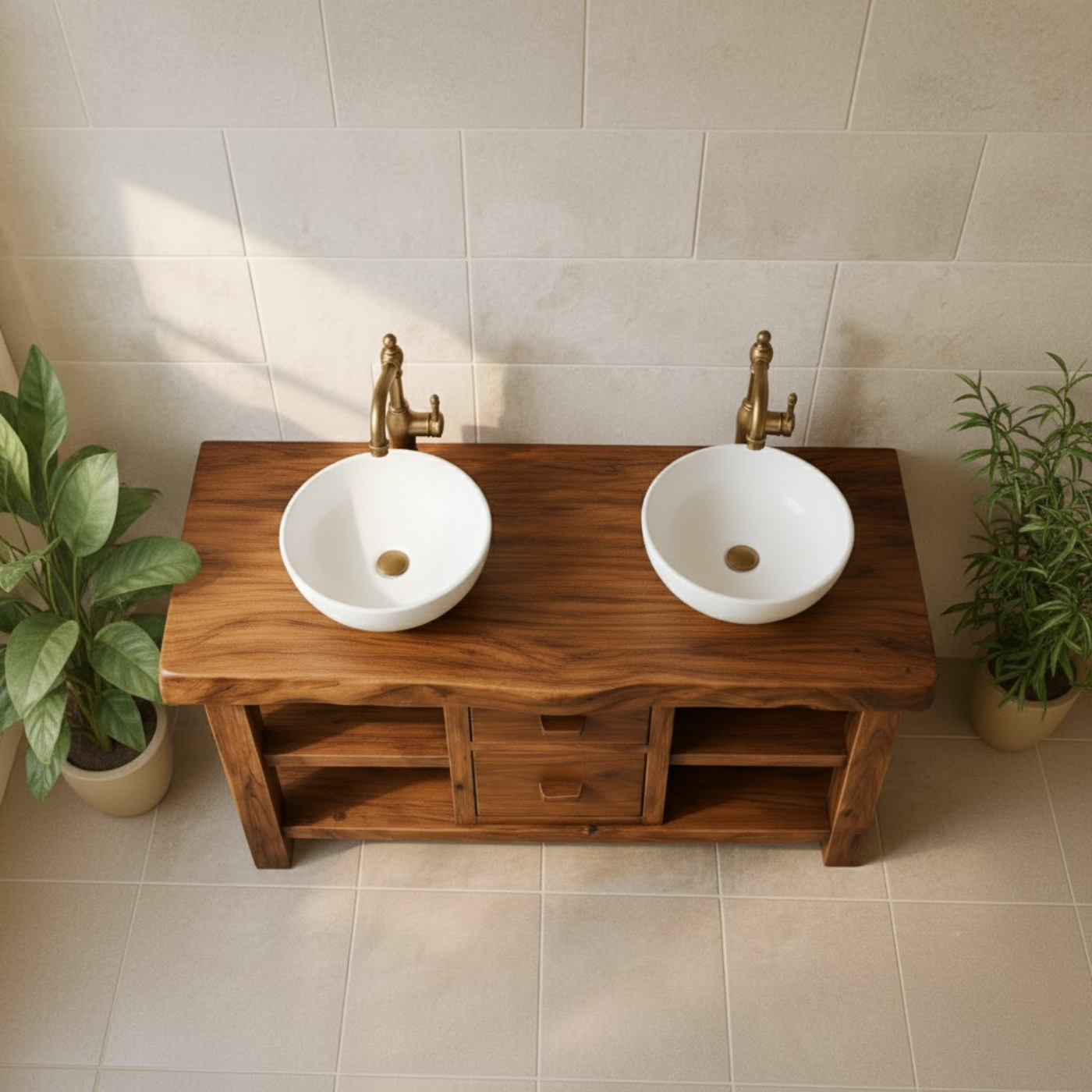 Handcrafted Solid Wood Floating Double Vanity - Live Edge Top, 2 Drawers & Open Shelves Lynnsnail