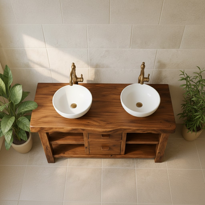 Handcrafted Solid Wood Floating Double Vanity - Live Edge Top, 2 Drawers & Open Shelves Lynnsnail