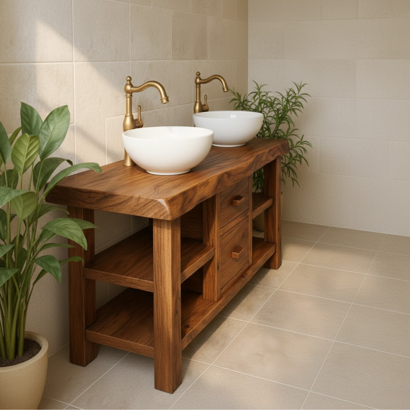 Handcrafted Solid Wood Floating Double Vanity - Live Edge Top, 2 Drawers & Open Shelves Lynnsnail