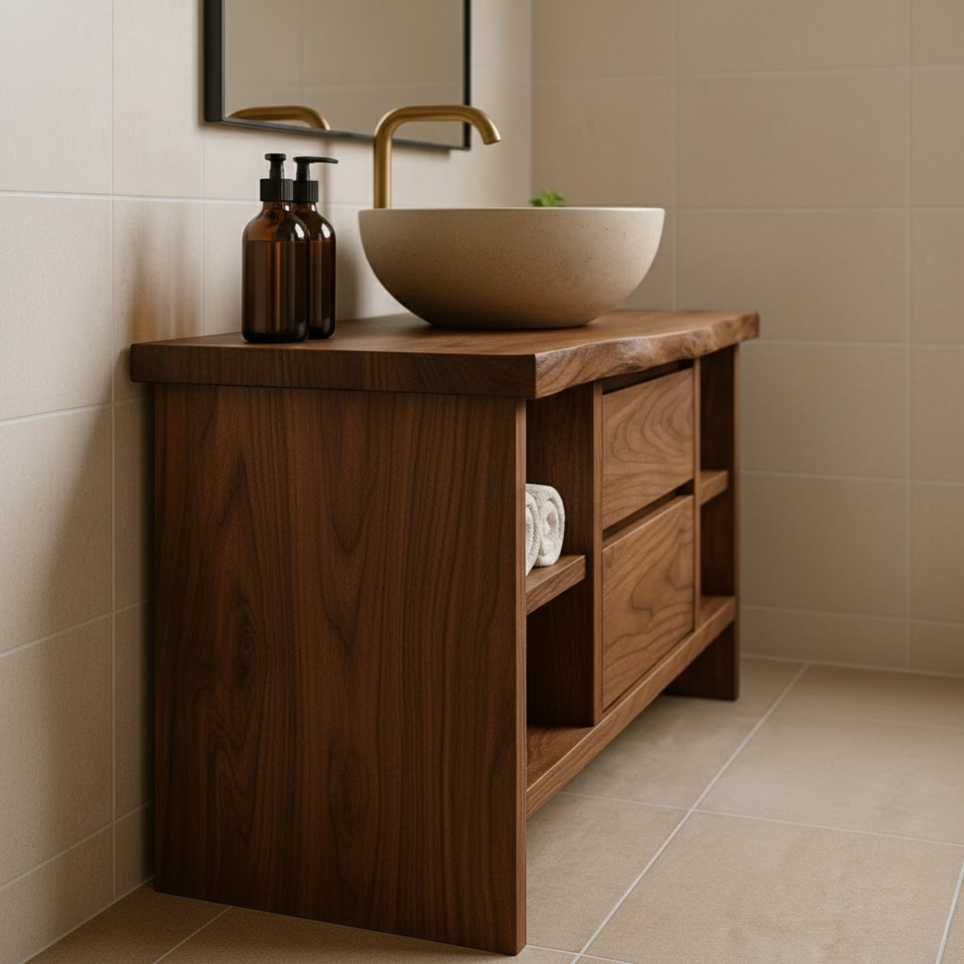 Handcrafted Solid Wood Single Vanity - Rustic Walnut Live Edge Bathroom Console Lynnsnail