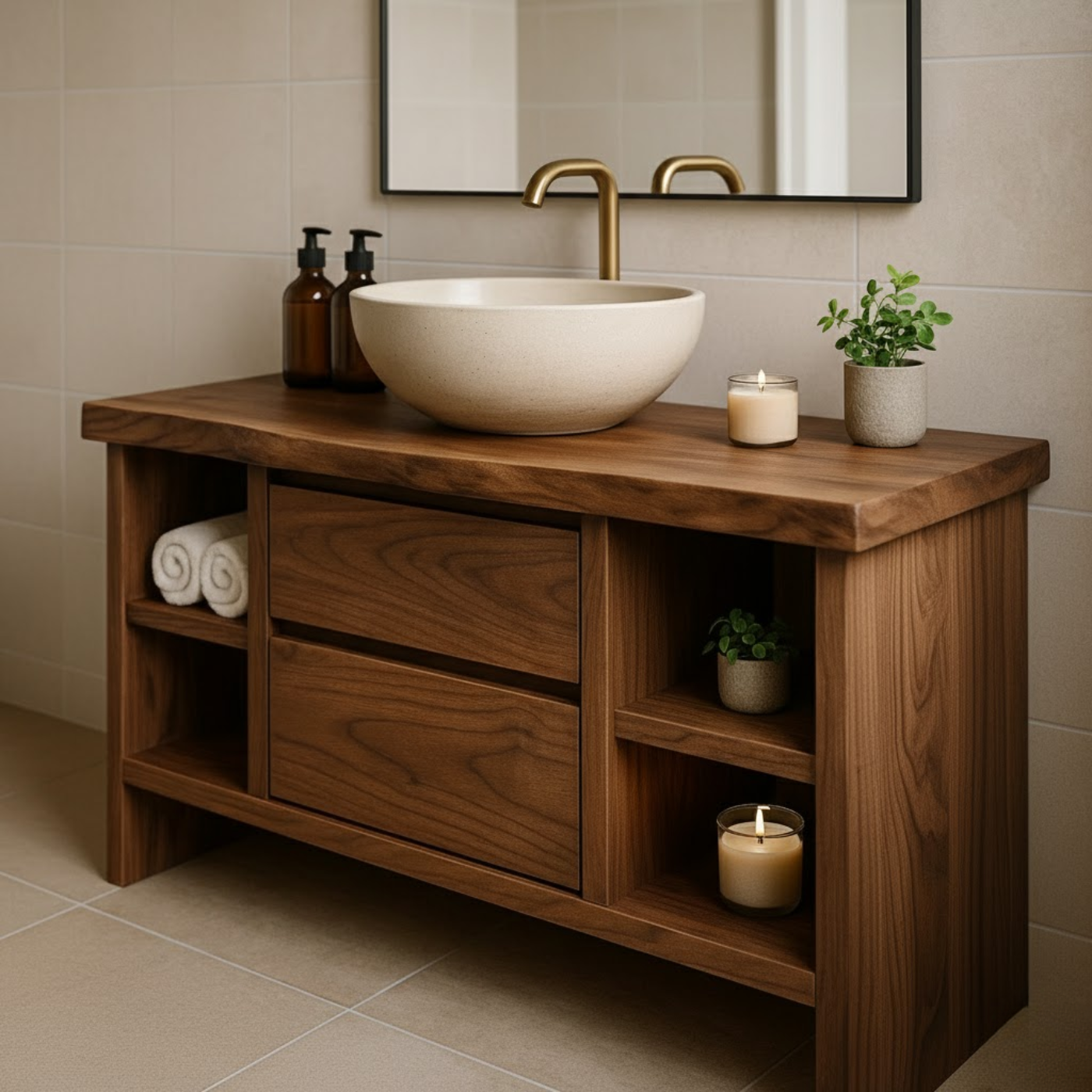 Handcrafted Solid Wood Single Vanity - Rustic Walnut Live Edge Bathroom Console Lynnsnail