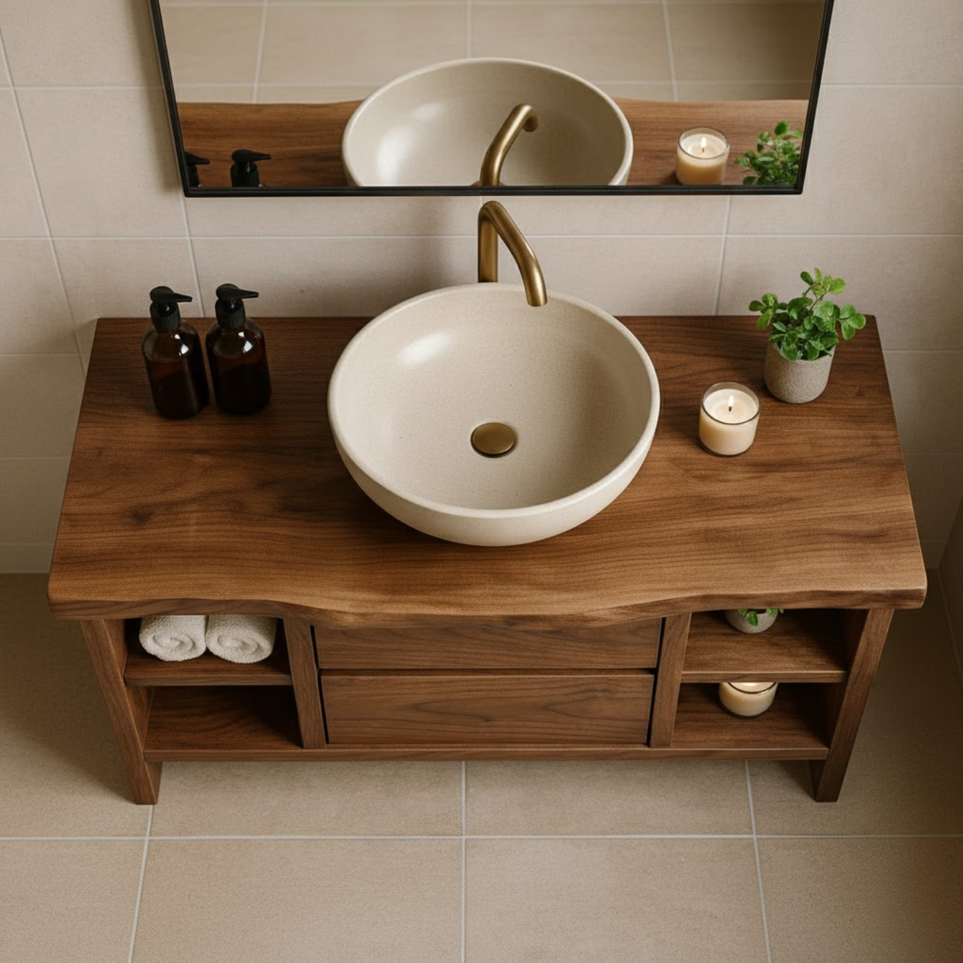 Handcrafted Solid Wood Single Vanity - Rustic Walnut Live Edge Bathroom Console Lynnsnail