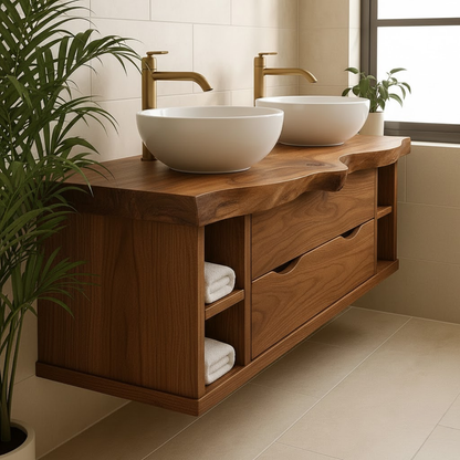 Handcrafted Solid Wood Live-Edge Double Vanity - Rustic Floating Console with Storage Lynnsnail