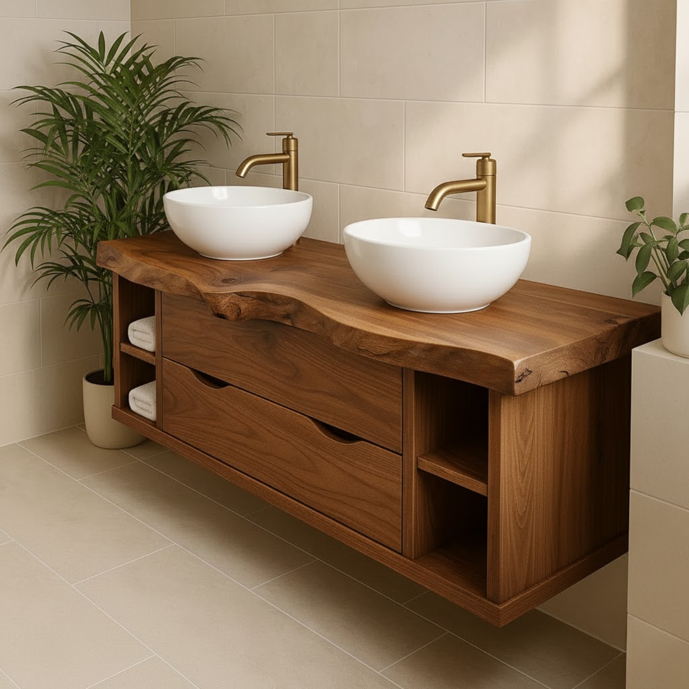 Handcrafted Solid Wood Live-Edge Double Vanity - Rustic Floating Console with Storage Lynnsnail
